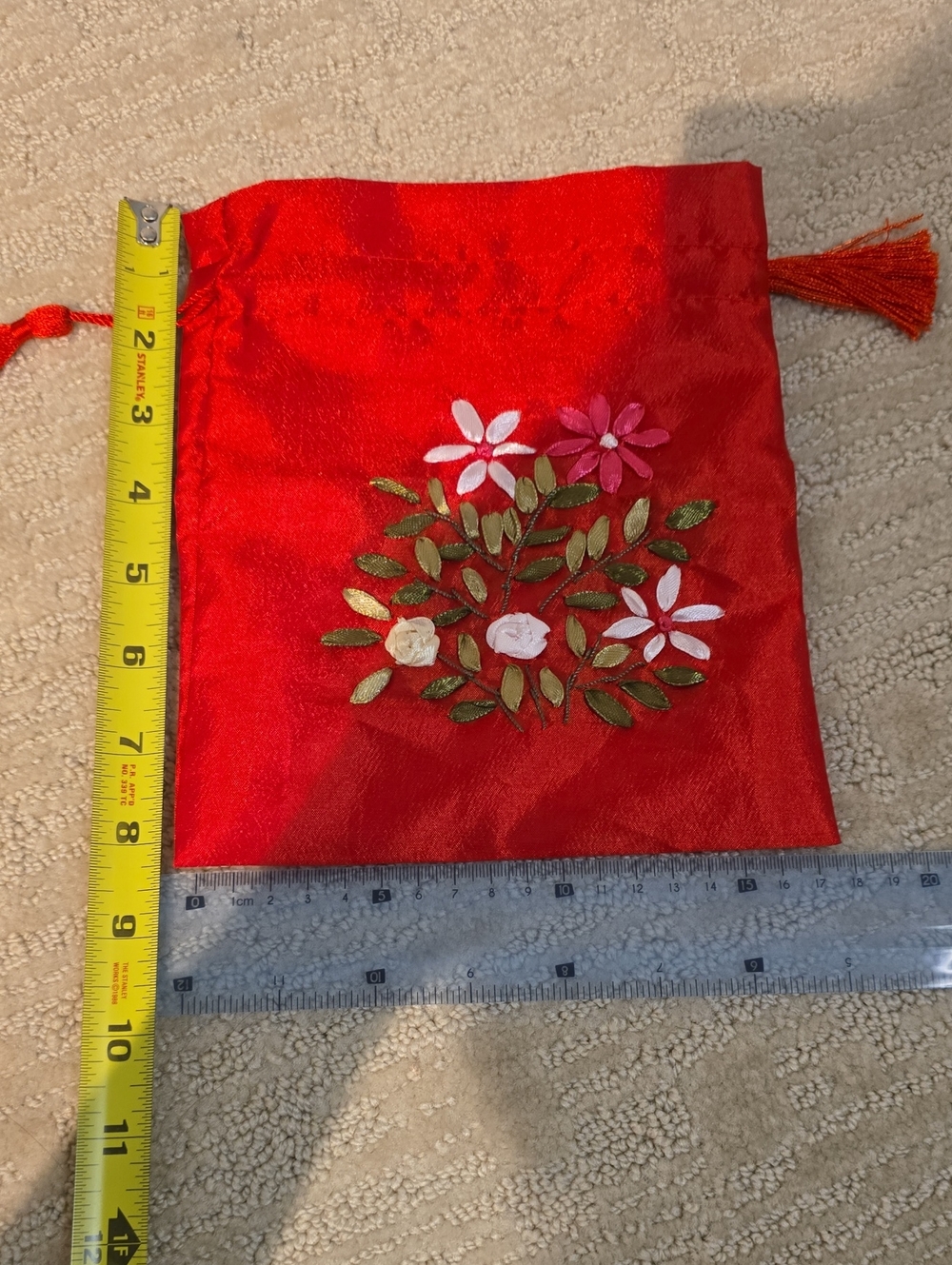 Red Embroidered Drawstring Pouch - Women's Bag